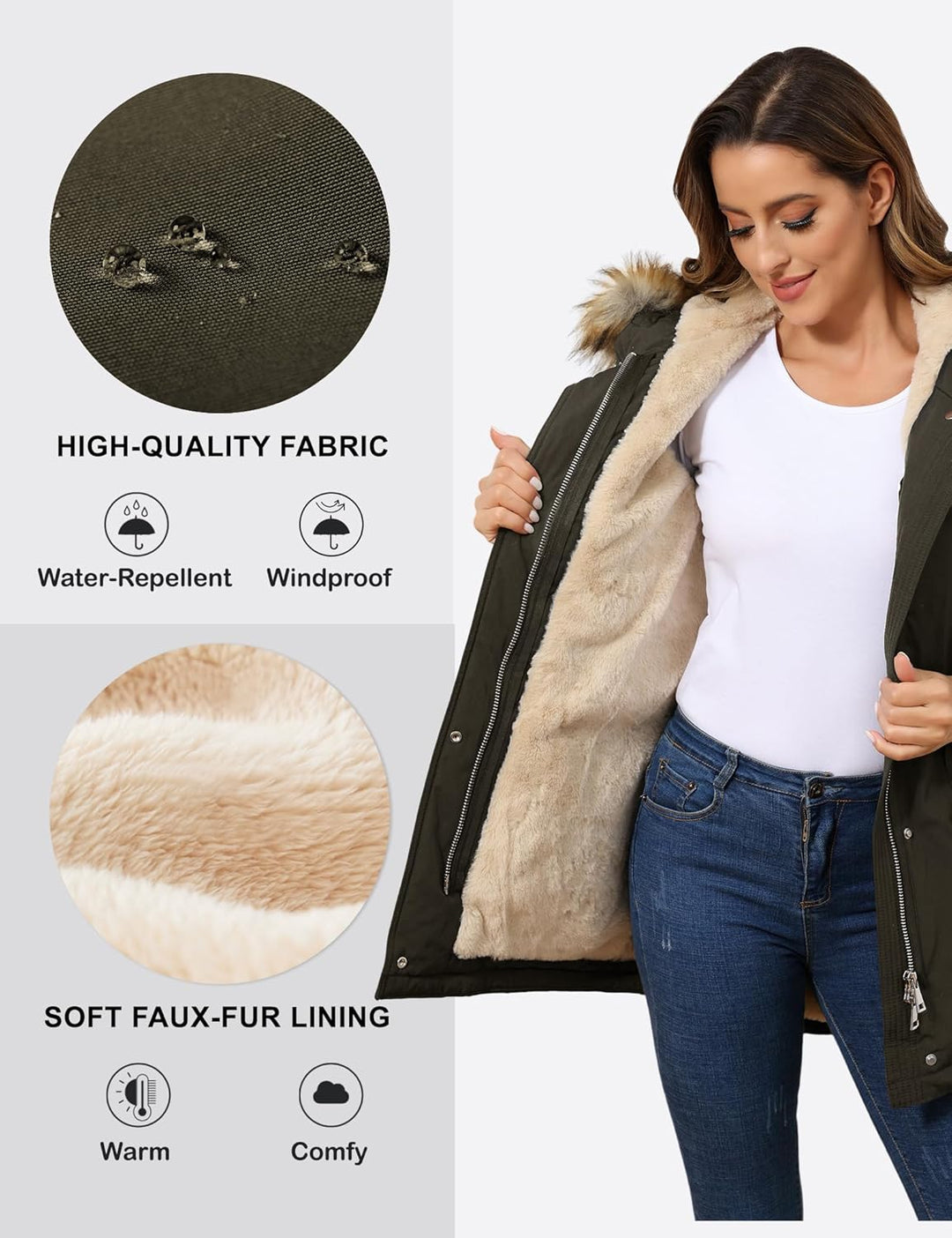 Winterparka mit weichem Kunstfellfutter und Kapuze, dunkelgrün