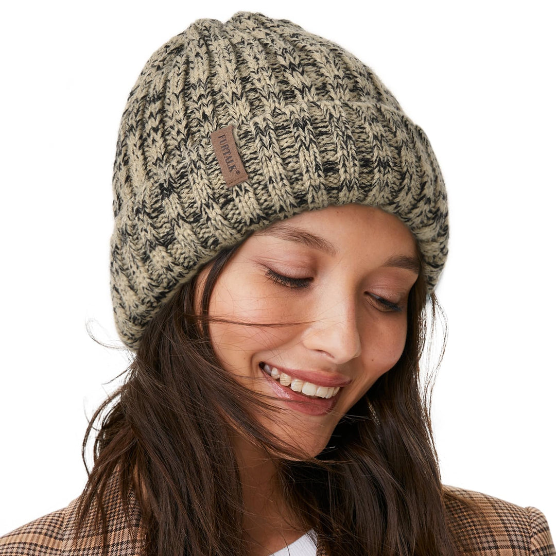 Fleece-lined heather knit beanie, beige and black speckle pattern with patch