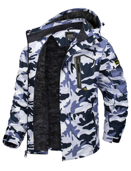 Men’s winter ski jacket with hood, insulated fleece lining, water-resistant shell—blue camo