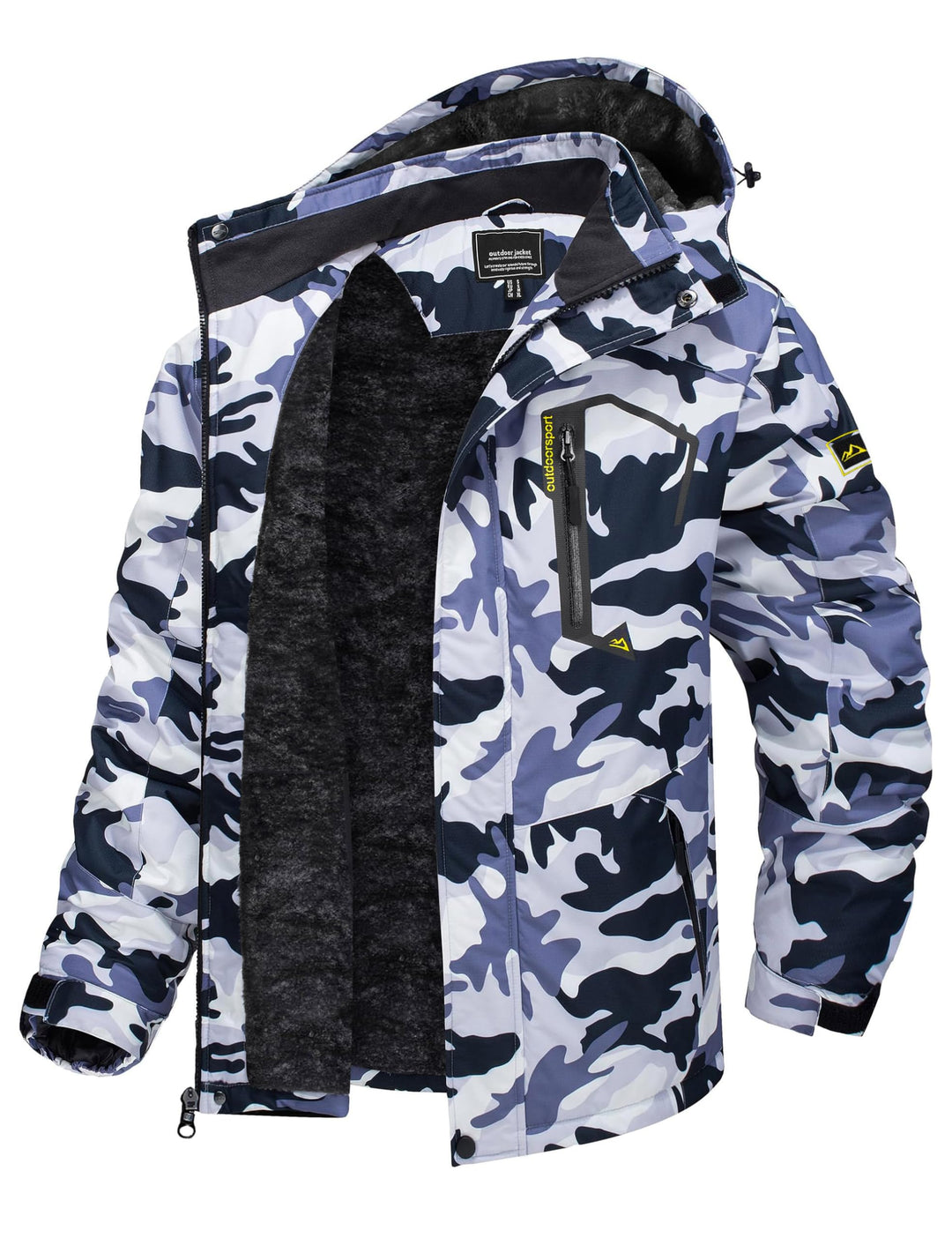 Men’s winter ski jacket with hood, water-resistant insulated fleece lining, white/blue camo