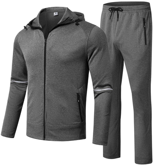 Dark gray zip hoodie jacket and matching jogger pants with drawstring waist and side zip pocket