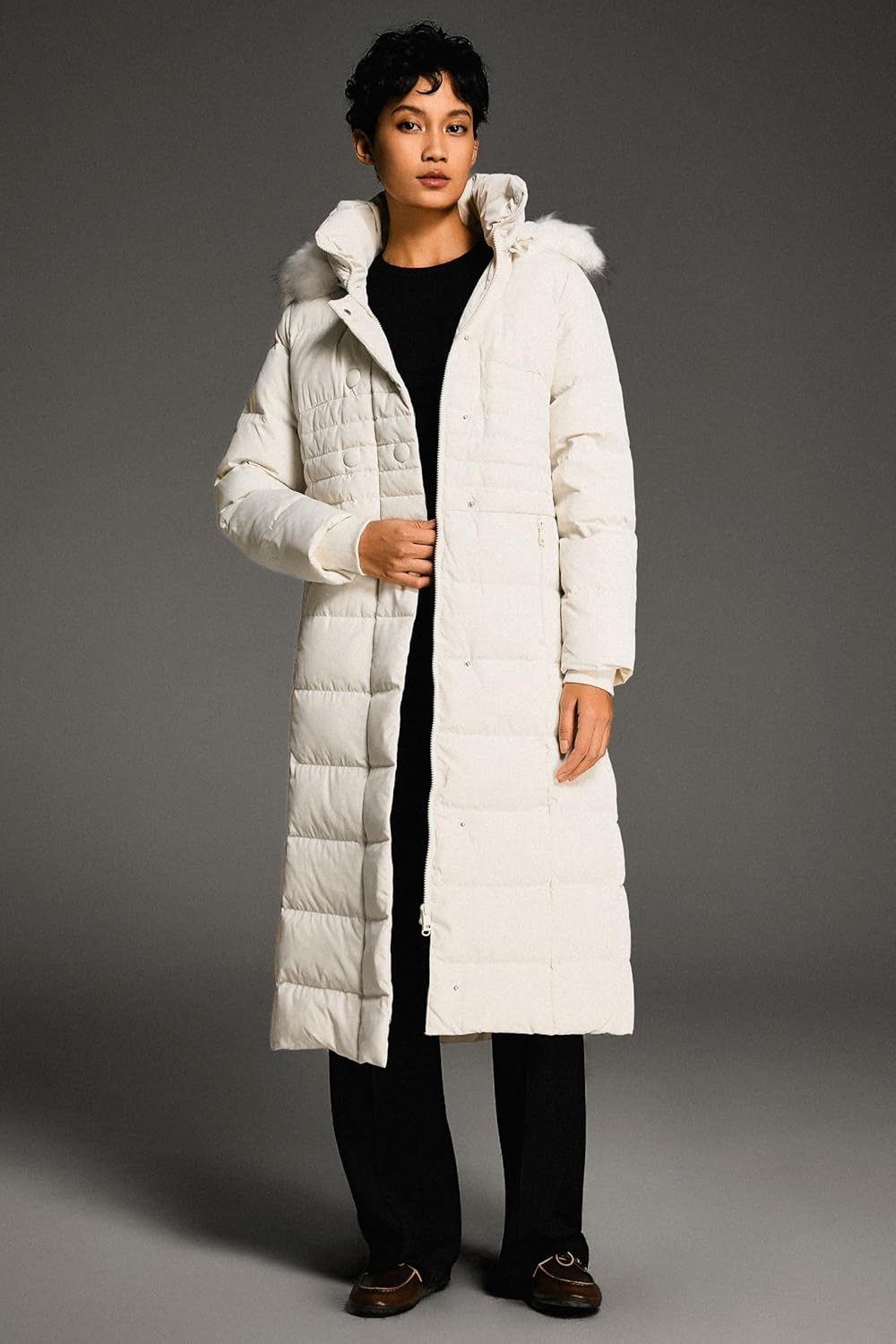 White long down puffer coat with fur-trim hood, snap front, side pockets