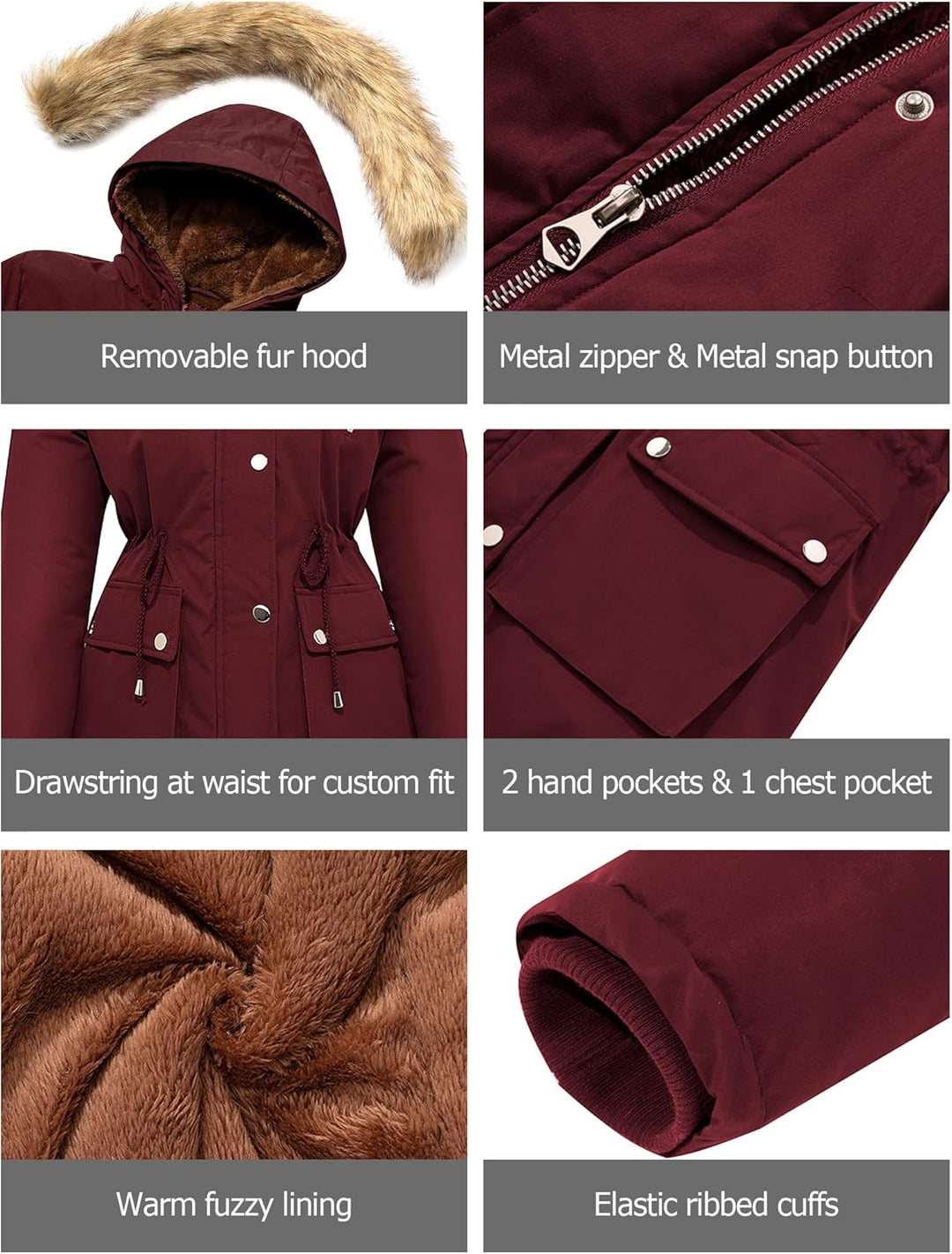 Burgundy parka details: removable fur hood, metal zipper, drawstring waist, fleece lining.