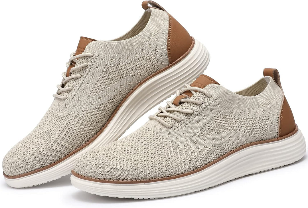 Pair of beige mesh sneakers with brown accents and white ribbed soles
