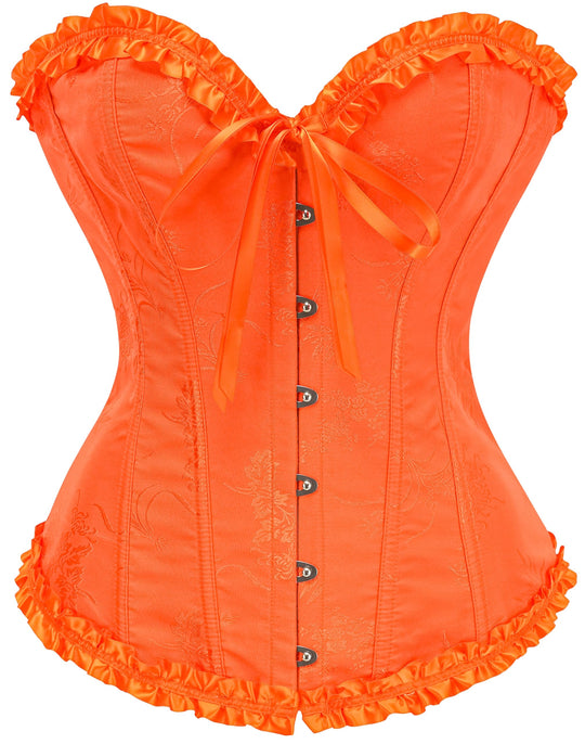 Orange corset waist shaper with ruffled shoulder trim, ribbon bow front, hook-and-eye