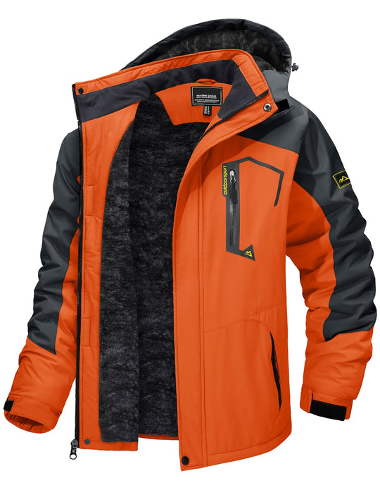Winter-Skijacke mit Kapuze, orange Shell, großer Frontreißverschluss, Fleece-Innenfutter