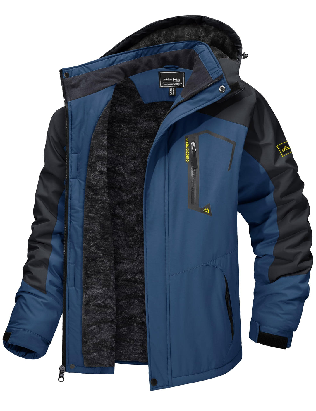 Men’s ski jacket, blue with dark hood trim, zip front, fleece lining visible