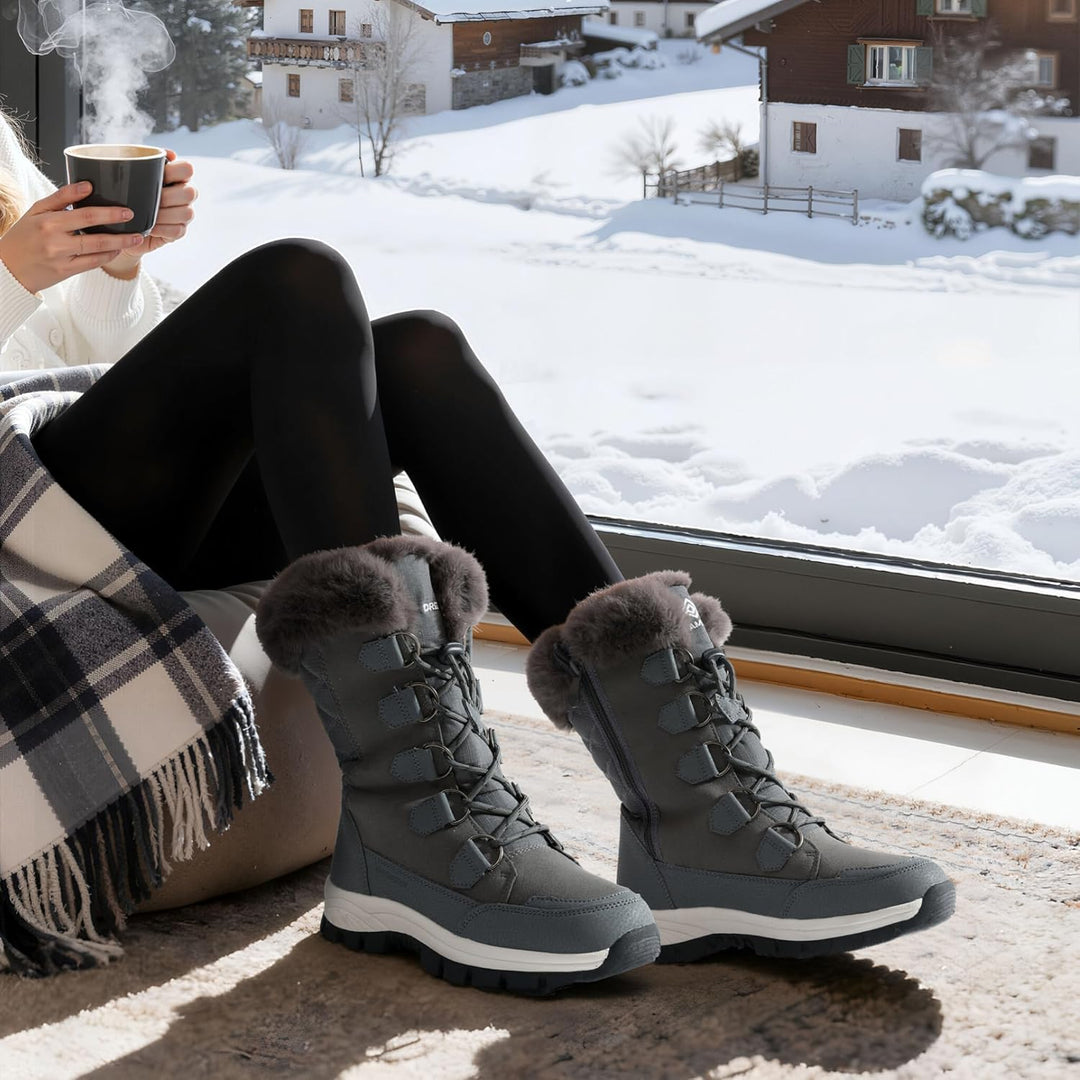 Gray winter lace-up snow boots with faux fur cuffs and thick non-slip sole