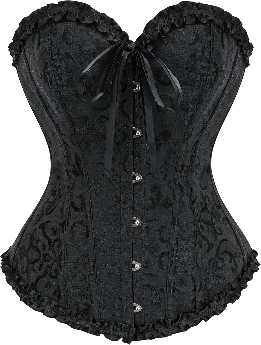 Black lace corset top with front busk buttons, sweetheart neckline, ruffle trim