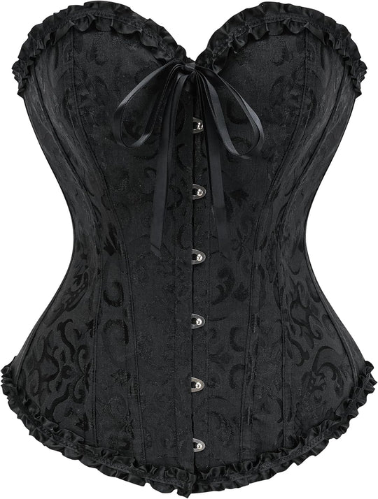 Black lace corset top with front busk buttons, sweetheart neckline, ruffle trim