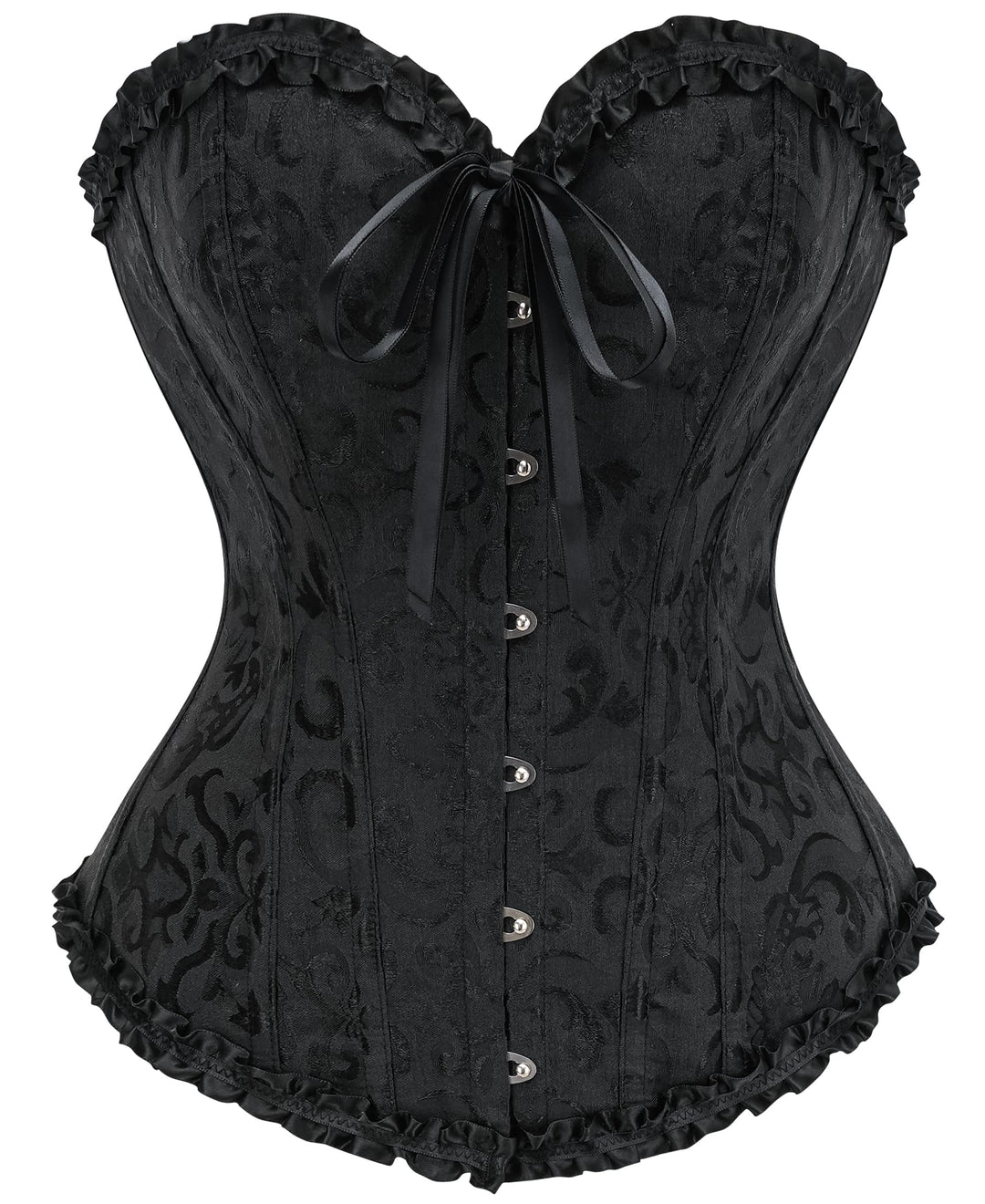 Black corset shaper with ribbon bow front, hook-and-eye closure, ruffled hem trim