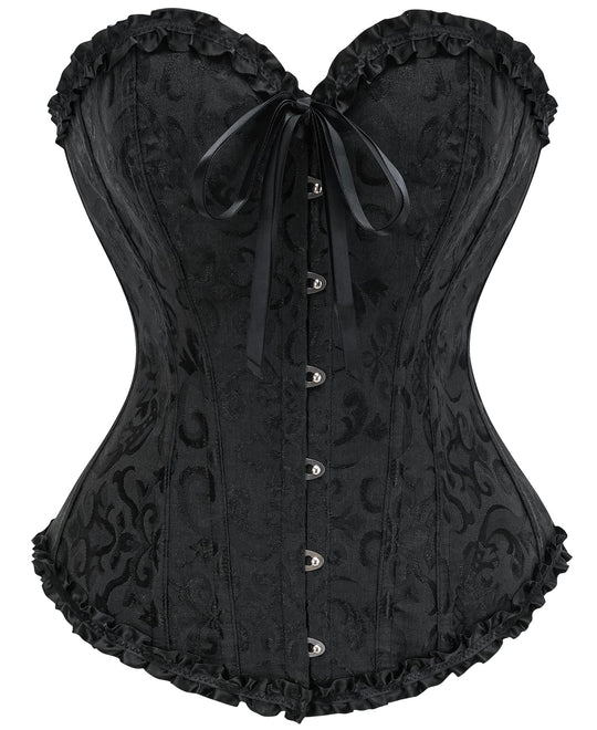 Black corset shaper with ribbon bow front, hook-and-eye closure, ruffled hem trim