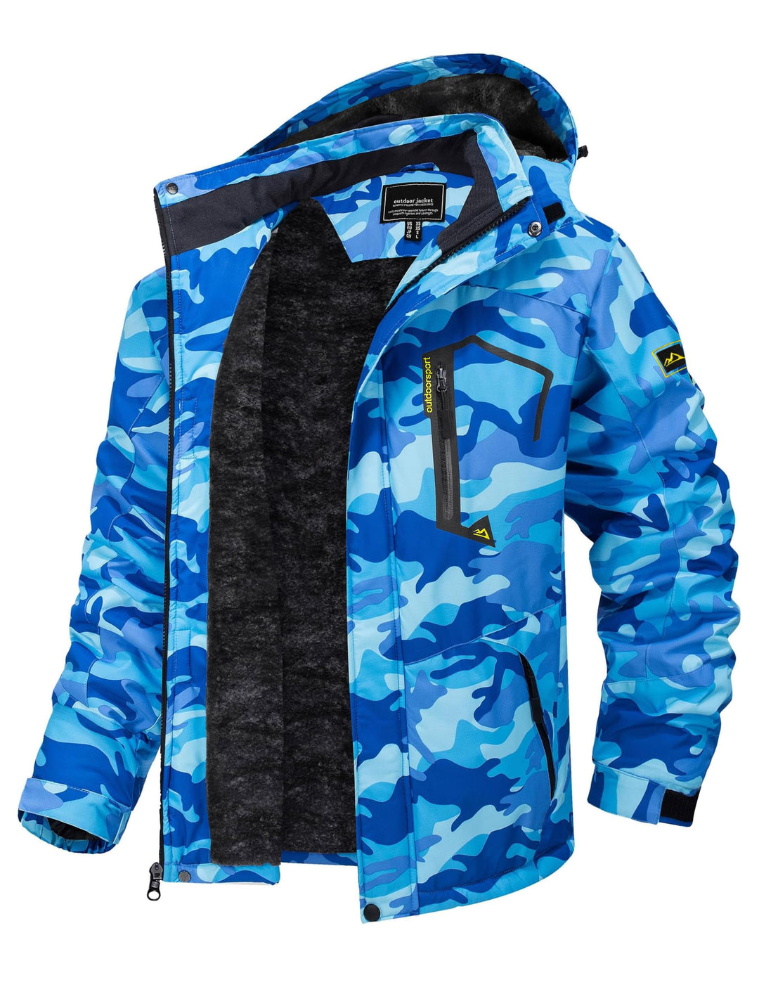 Men’s ski jacket, blue camouflage, hooded, zip front, fleece lining visible
