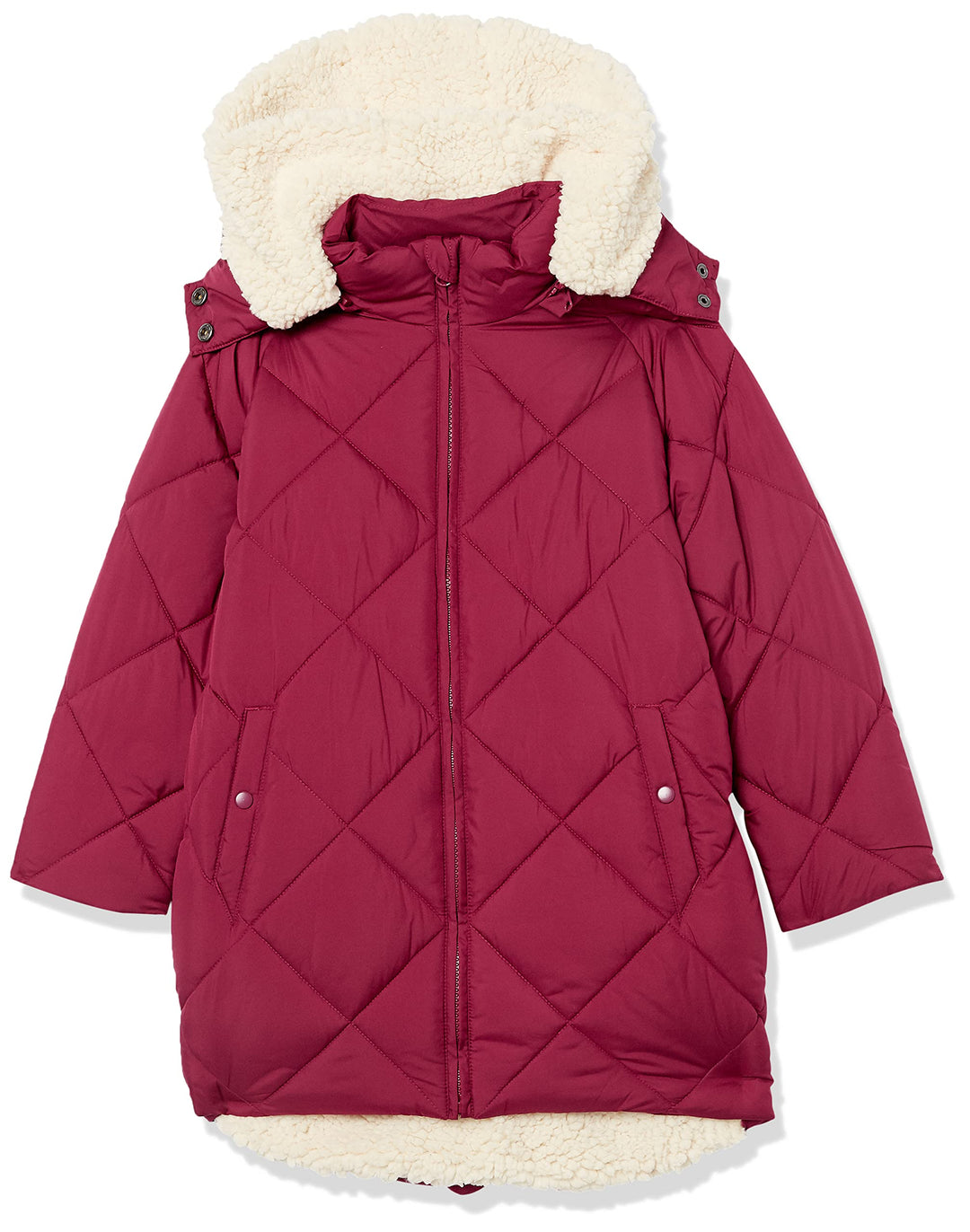 Weinrote Cocoon-Pufferjacke für Mädchen mit Teddyfutter-Kapuze, Reißverschluss vorn