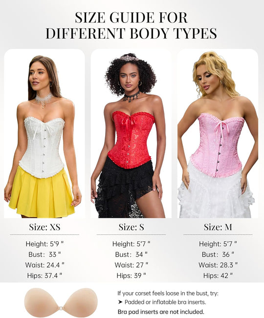 Corset top size guide showing models in white, red, and pink bustiers