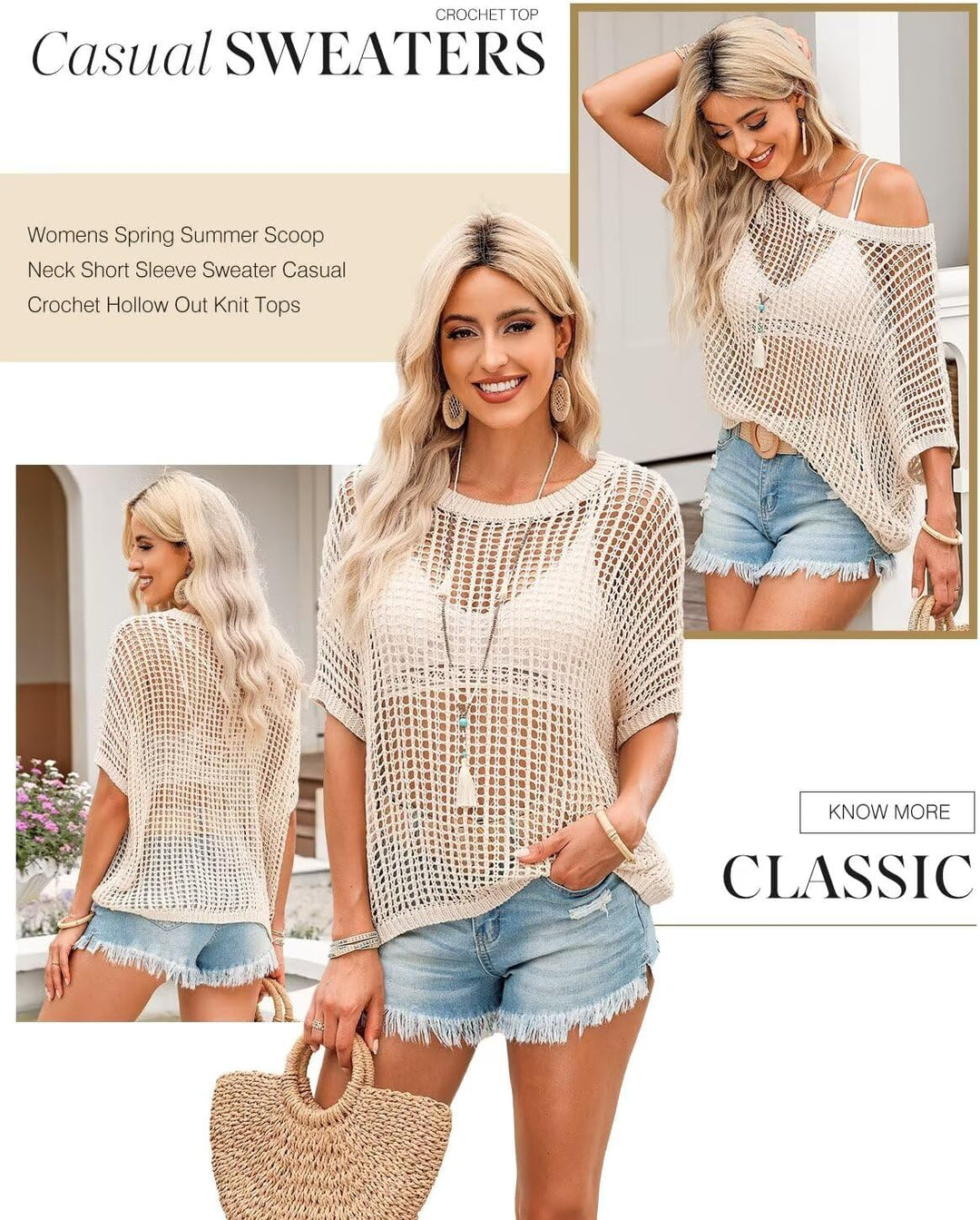 Cream crochet cover-up top with off-shoulder neckline, short sleeves, openwork mesh