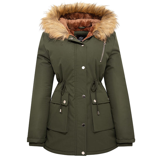 Army green women’s parka with fur-trimmed hood, front snap placket, zip pocket and side pockets