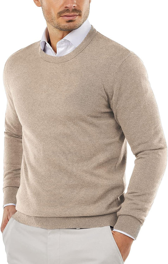 Men’s crew neck knit sweater, slim fit, light tan