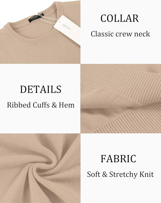 Crew neck sweater details: classic crew neck, ribbed cuffs/hem, soft stretchy knit