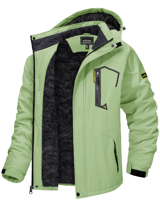 Men’s winter ski jacket with hood, light mint-green shell and dark fleece lining