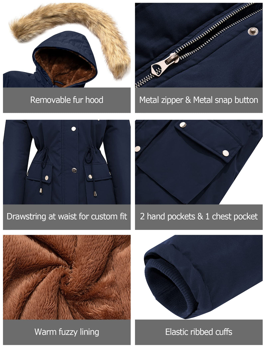 Close-ups of winter parka details: removable fur hood, metal zipper, snap pockets, ribbed cuffs