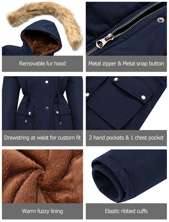 Close-ups of winter parka details: removable fur hood, metal zipper, snap pockets, ribbed cuffs