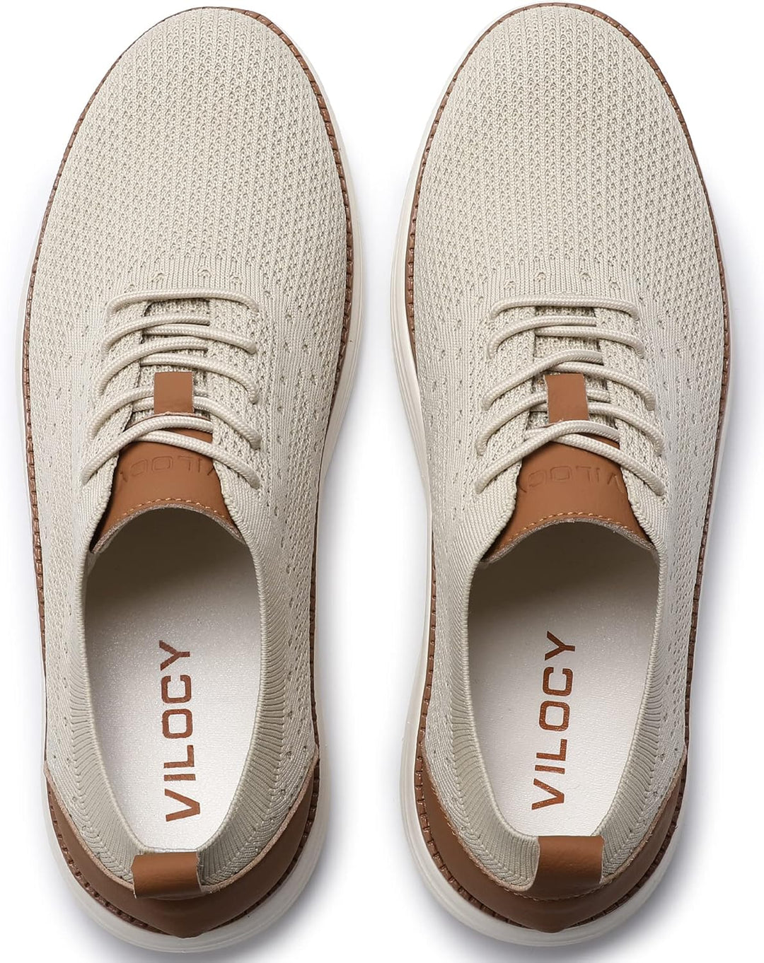 Beige mesh sneakers with tan lining and laces; VILOCY logo on insole