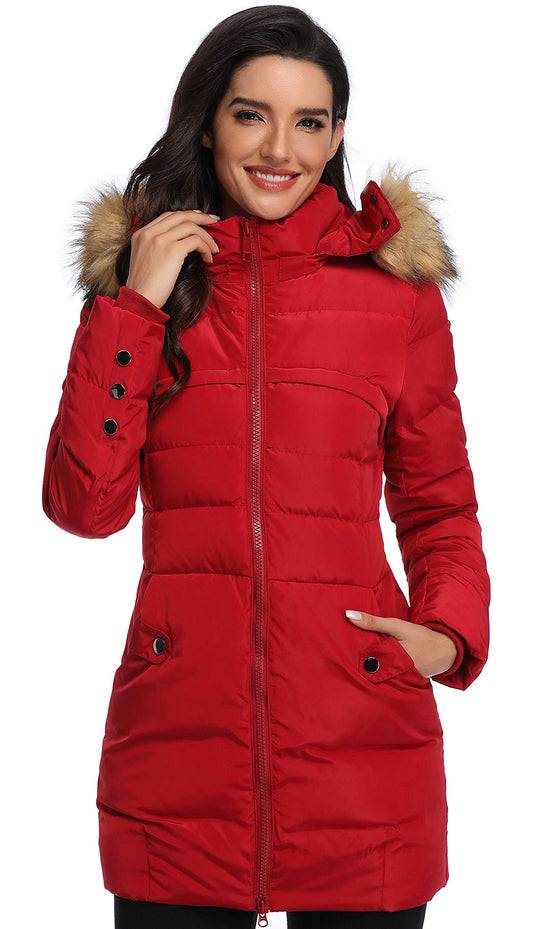 Women’s long hooded puffer down jacket in red, faux fur hood and zip-front with pockets