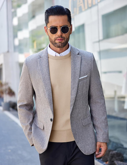 Beige crew neck knit sweater, slim fit, ribbed hem