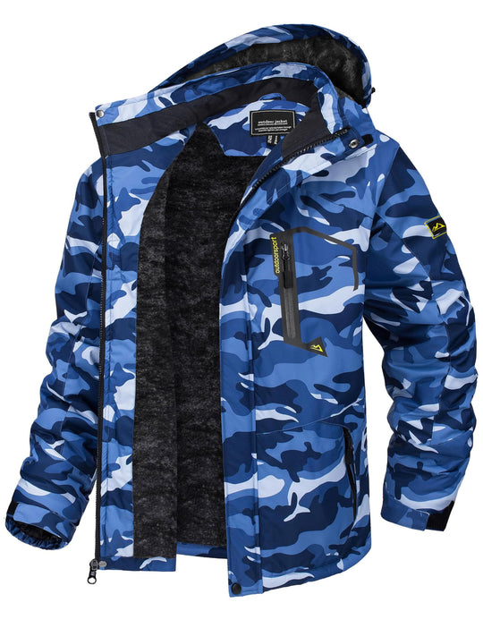 Men’s ski jacket, blue camouflage print, hooded, zip front, fleece lining visible
