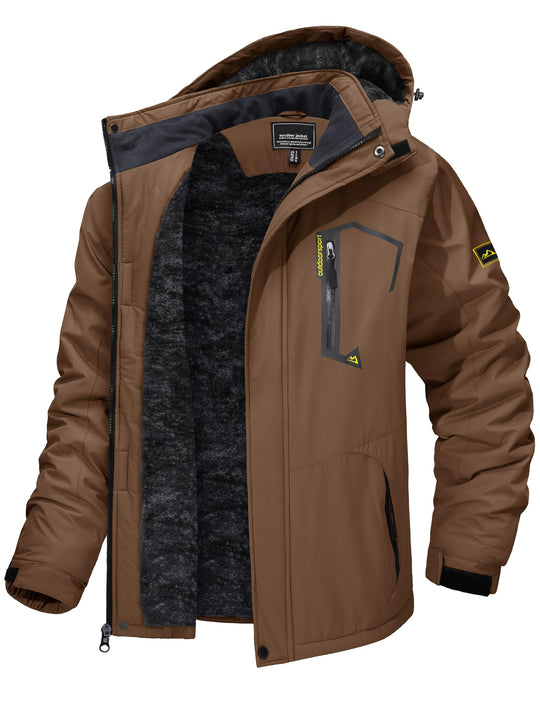 Men’s winter ski jacket with hood, brown shell and dark fleece lining