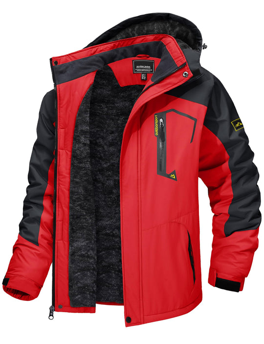 Men’s winter ski jacket with hood, red and black, insulated fleece lining