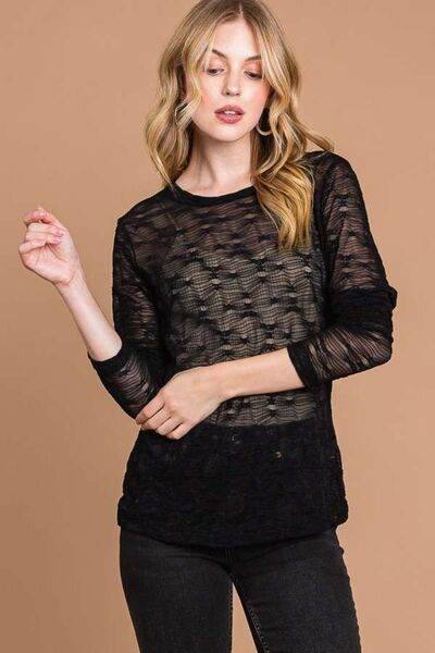Black sheer mesh long-sleeve top with round neck, fitted hem