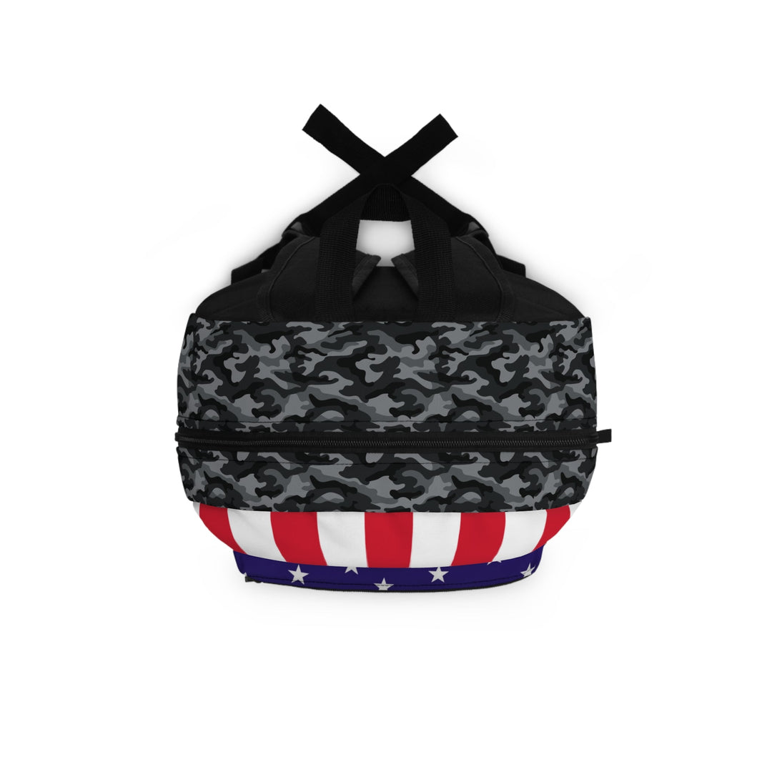 Camo USA backpack top and side with black camo and red-white stripe stars trim