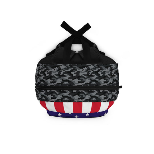 Camo USA backpack top and side with black camo and red-white stripe stars trim