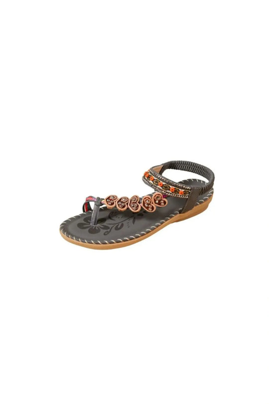Dark toe-loop flat sandals with beaded floral charms and braided sole edge