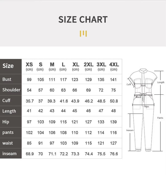 Size chart: bust, shoulder, cuff, length, hip, pants, waist, inseam measurements by size.