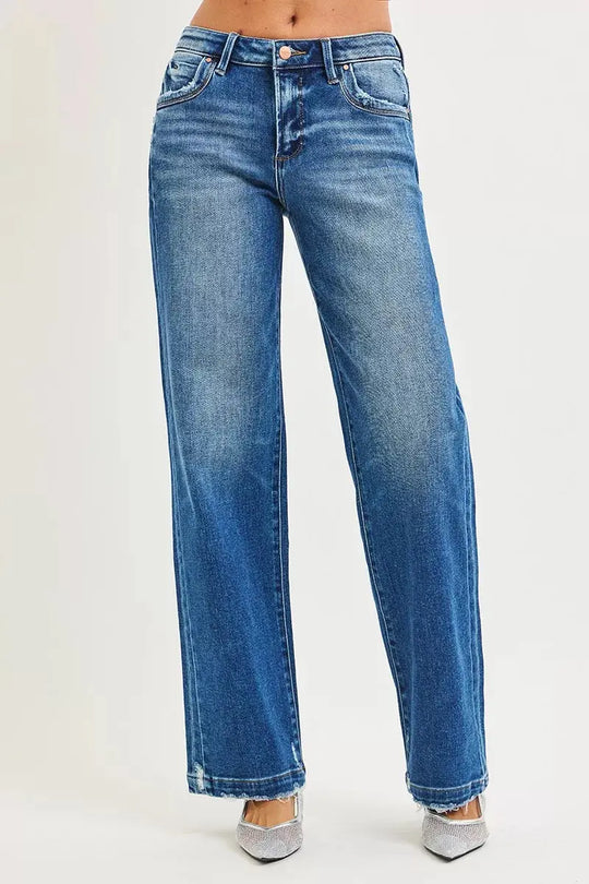 Baggy-Jeans dunkelblau im Wide-Leg Look, Knopf- und Reißverschluss, breiter Bund