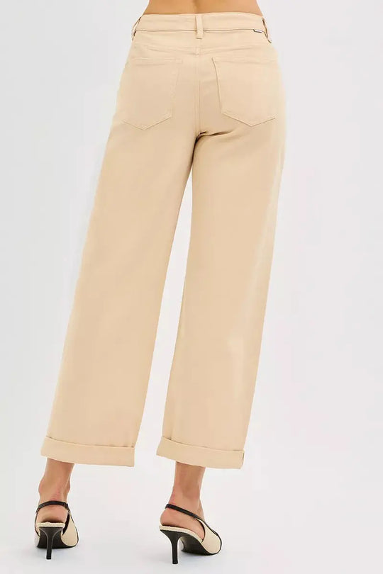 Butter milk relaxed jeans with two back pockets and slightly tapered barrel leg