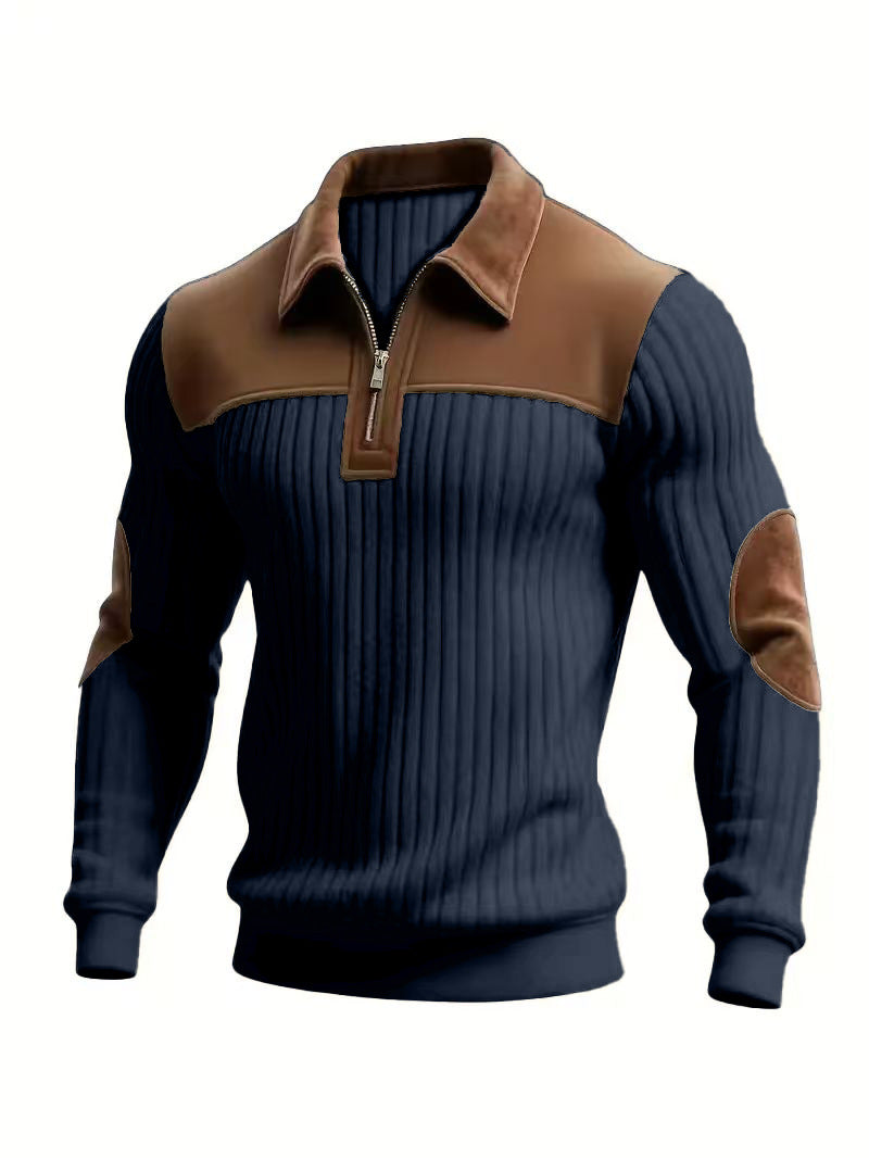 Patchwork-Strickpullover mit Reißverschluss, dunkelblau mit braunem Kragen und Einsätzen
