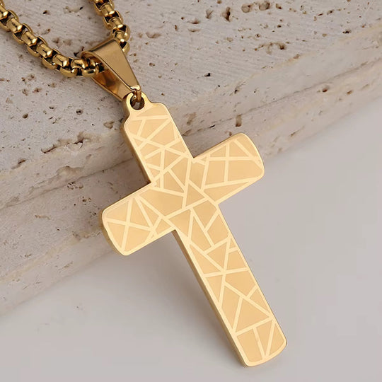 Geometric Cross Necklace: gold geometric cross pendant with light inlaid pattern
