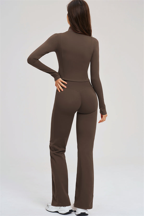 Taupe back view of zip jacket set with high-waist flared leggings