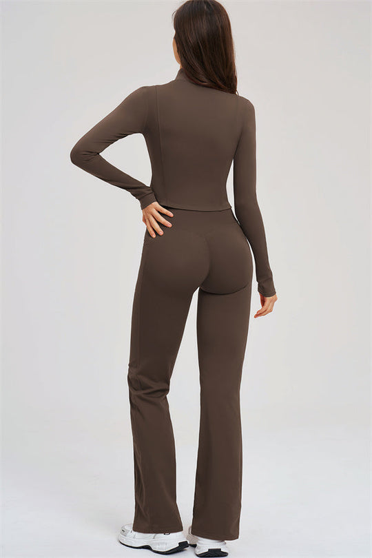 Taupe back view of zip jacket set with high-waist flared leggings