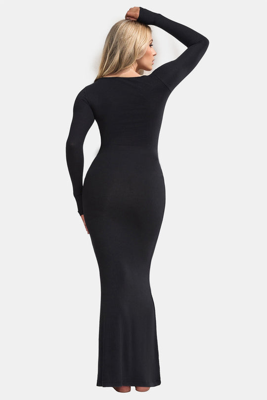 Black long-sleeve maxi shapewear dress, back view with smooth contoured shape