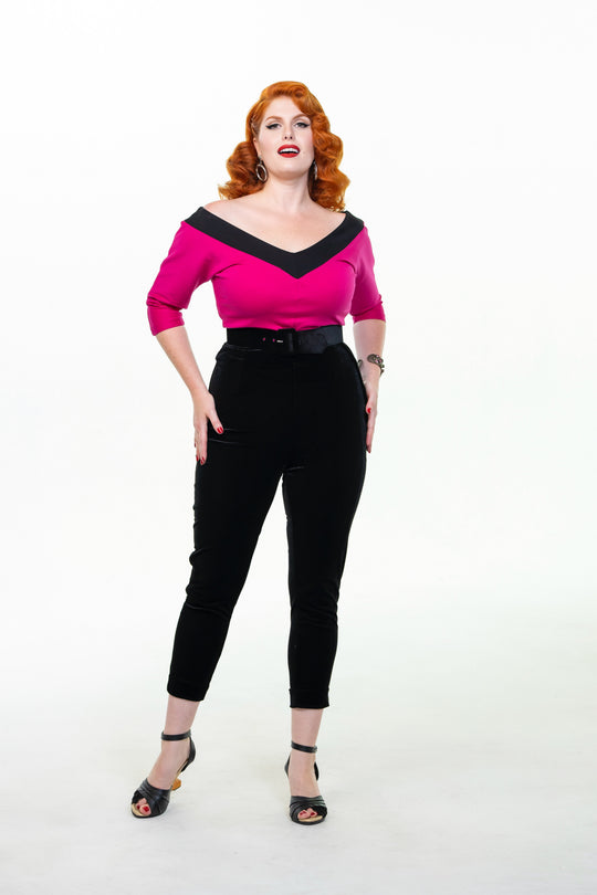 Midcentury V-Top, pink-schwarz, V-Ausschnitt, 3/4 Ärmel, figurbetont