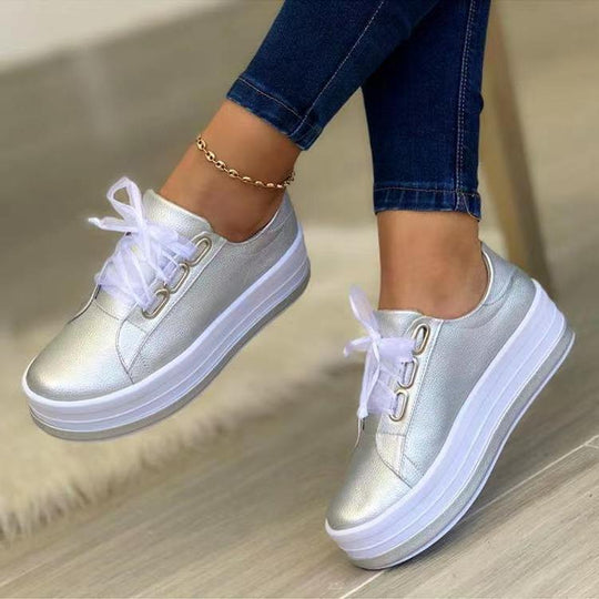 Silver metallic lace-up platform shoes, round toe, tulle bow on the laces