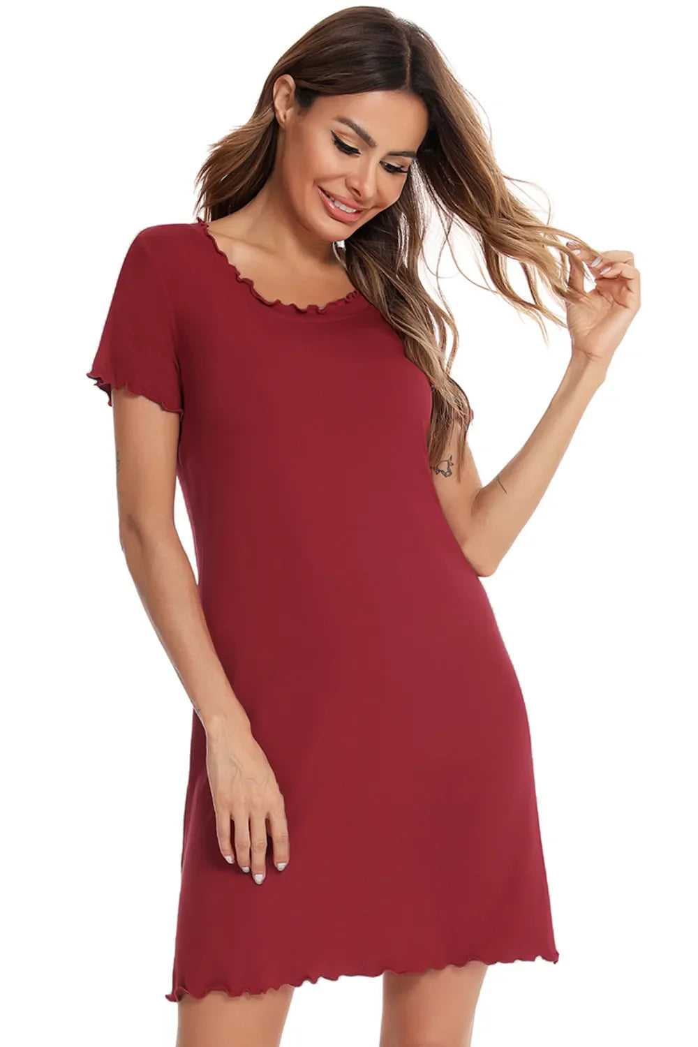 Scarlet short-sleeve lounge dress with scalloped neckline and softly draped skirt