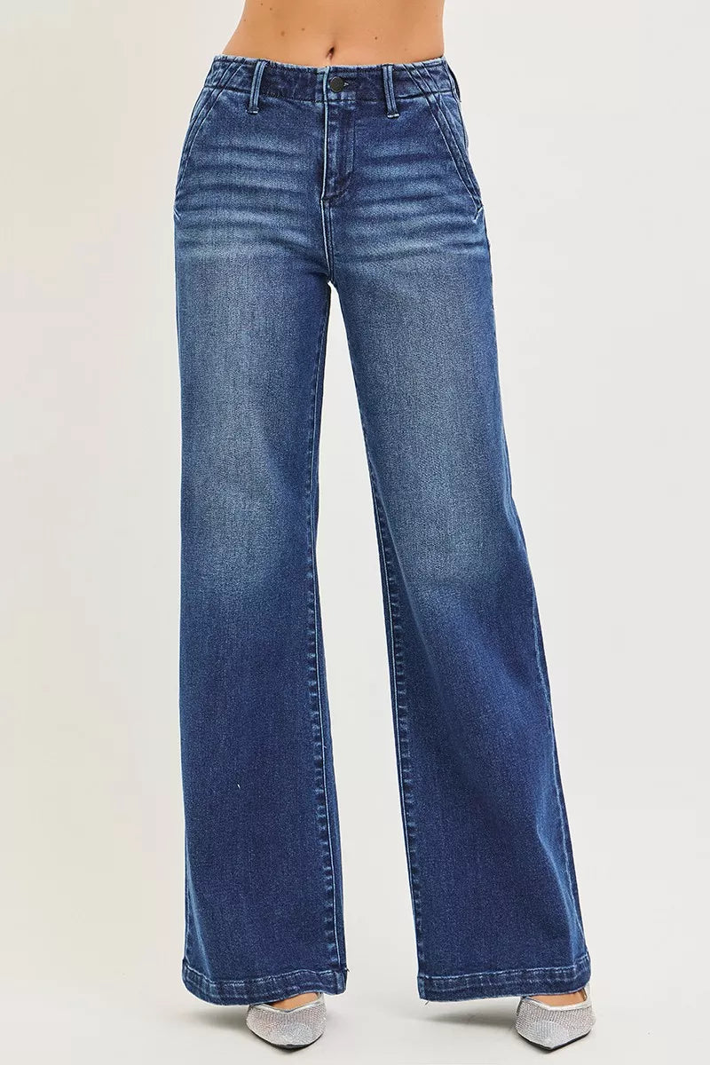Dark blue wide-leg jeans front view with high-rise waist and straight center seam