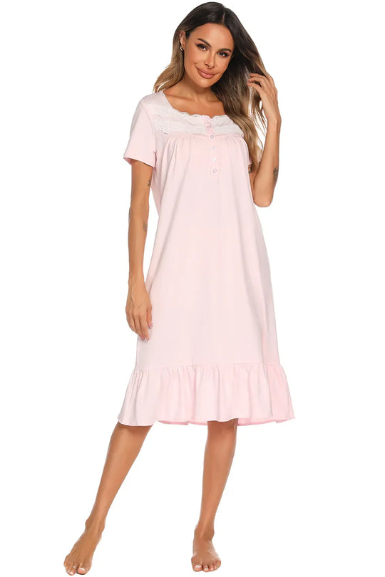 Blush Pink lace-trim square neck lounge dress, short sleeves and flared skirt
