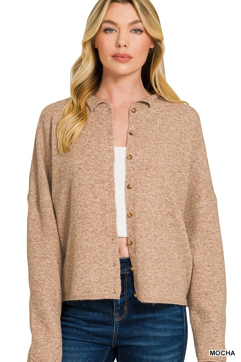 Mocha collared button-down cardigan sweater with front button placket